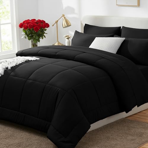 CozyLux Queen Comforter Set Black, 7 Pieces Bed in a Bag, Black Comforter Queen Size, All Season Bedding Sets with Stitch ...