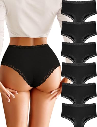 FINETOO Cotton Underwear for Women Sexy Boy Shorts Breathable Cheeky Lace Trim Panties Womens Underwear 6 Pack