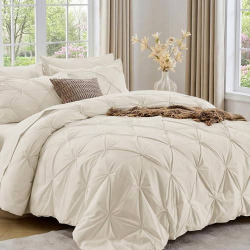 Sasttie Queen Comforter Set, 7-Piece Bed in a Bag, Pintuck Bedding Sets for All Season, Includes Comforter, Flat Sheet, Fi...