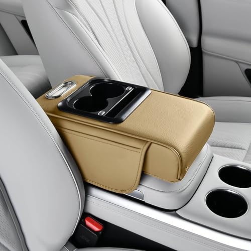 5-in-1 Multifunctional PU Leather Car Armrest Box Mat Organizer - Center Console Cover Cushion with 2 Storage Bags, Cup Ho...