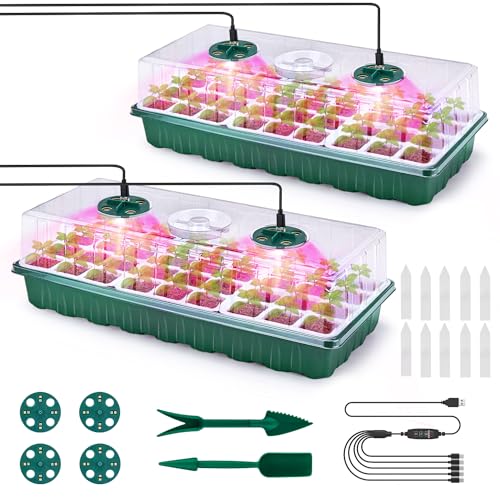 Pattiumo 2 Packs Seed Starter Tray with Grow Lights, 72 Cells Silicone Seed Starter Kits with Humidity Dome, 3 Lights for ...