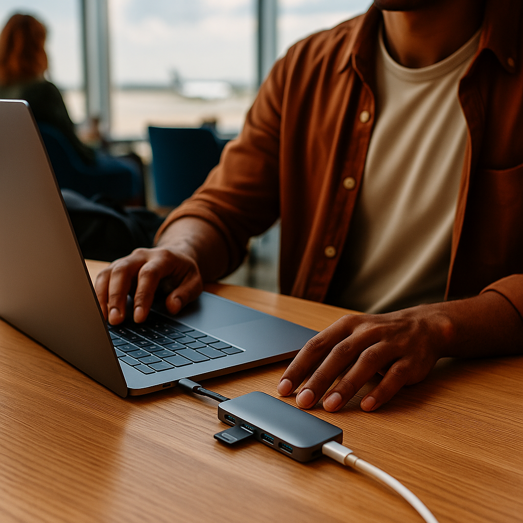 Traveler using Cleora USB Multi-Port Hub at a café, connecting laptop and phone. Sleek aluminum design, natural light, stylish setup for modern travel.