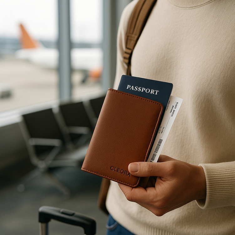Traveler holding Cleora RFID Passport Holder at airport check-in counter, stylish vegan leather wallet protecting passport and cards.