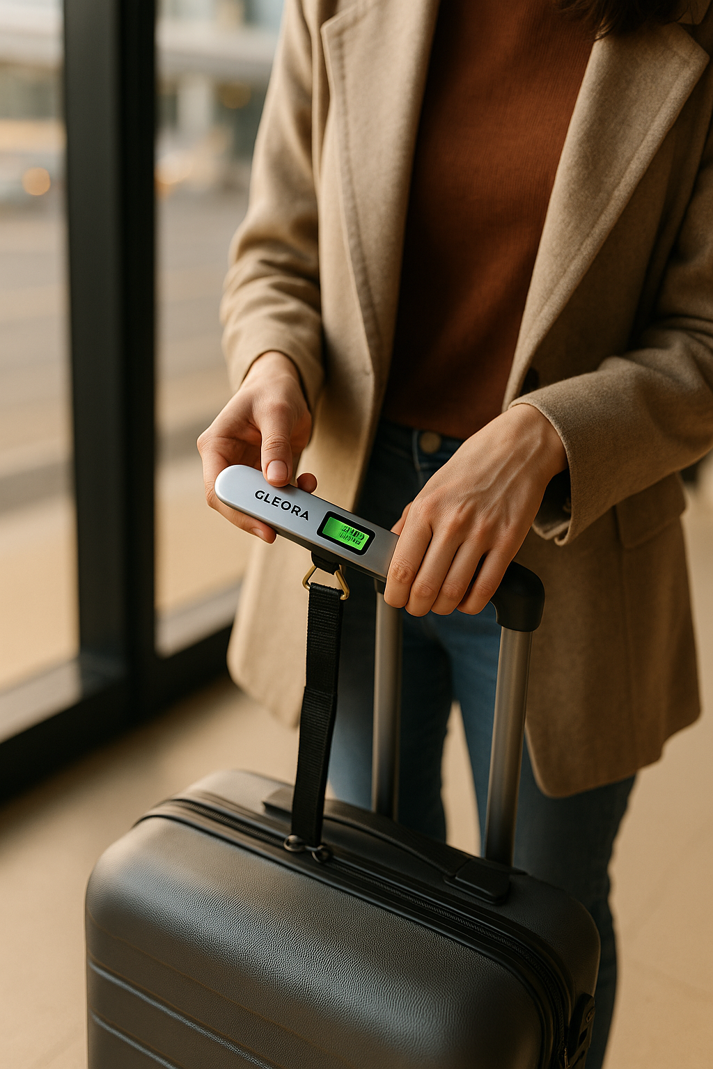 Traveler weighing suitcase with Cleora Digital Luggage Scale at airport, sleek design and bright LCD display under warm light