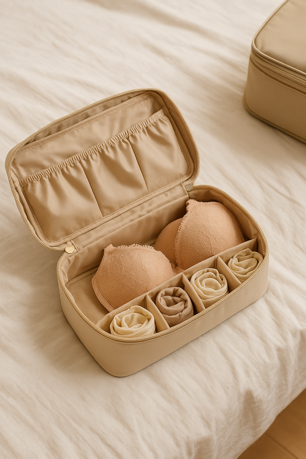 Traveler organizing lingerie into Cleora Underwear Organizer on hotel bed, soft beige tones and natural light creating calm luxury feel