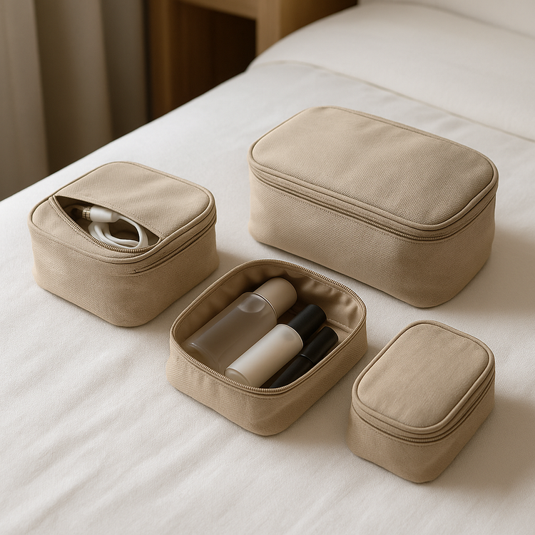 Cleora Multi-purpose Travel Pouches neatly arranged on a hotel bed with small accessories inside, beige tones and soft natural lighting