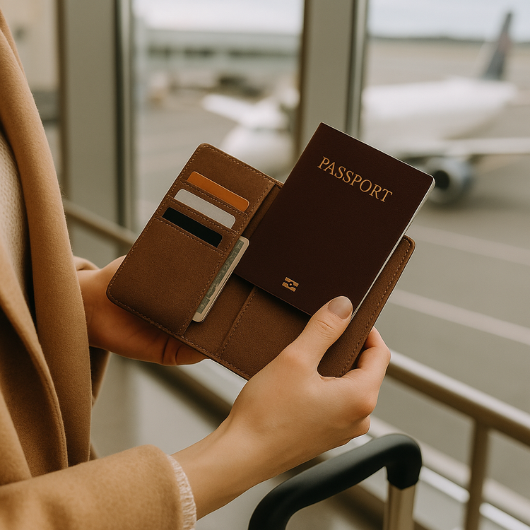Traveler holding a Cleora Passport Wallet at an airport gate, beige tones and soft lighting showing elegant and secure travel style