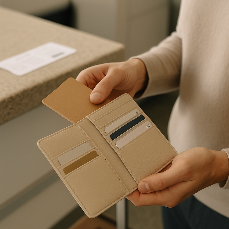 Traveler holding a Cleora Travel Card Organizer at an airport counter, beige tones and soft light showing elegant, secure travel style