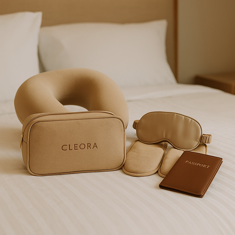 Cleora Travel Starter Kit neatly arranged on a hotel bed with neck pillow, sleep mask, slippers, and passport holder, beige tones and soft light
