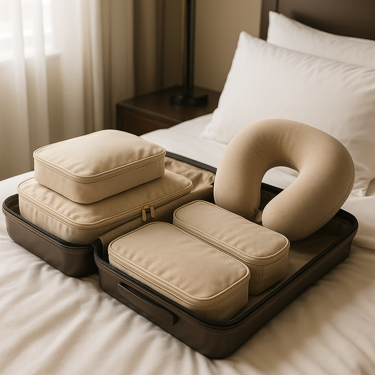 Cleora Packing Cube and Neck Pillow Set neatly arranged in an open suitcase on a hotel bed, beige tones and soft natural light showing calm luxury