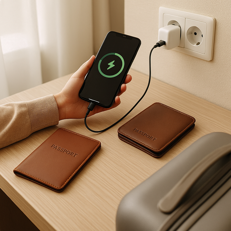 Traveler charging phone beside a Cleora Passport Holder and compact charger on a hotel desk, beige tones and soft lighting showing elegant travel setup