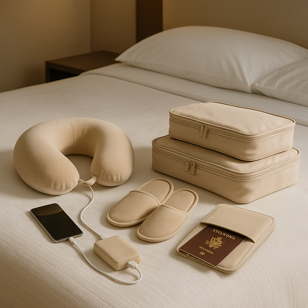 Cleora 5-in-1 Travel Essentials neatly arranged on a hotel bed with neck pillow, charger, passport holder, slippers, and packing cubes, beige tones and soft light