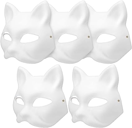 IbErsa 5 Pcs Cat Masks White Paper Blank Hand Painted Masks Halloween Masquerade Costume Cosplay Accessories