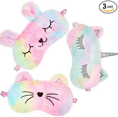 3 Pieces Sleep Mask for Kids, Girls Plush Sleeping Eye Cover Soft Eye Blindfold Cover Animal Shade for Kids(Rainbow Color,...