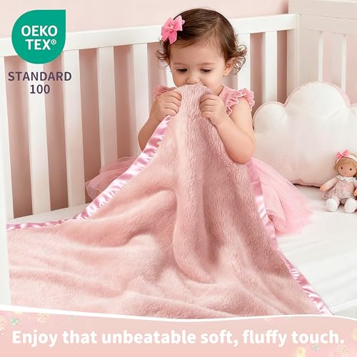 Pro Goleem Fleece Baby Blankets for Girls with 2 Inch Satin Trim, Super Soft Plush Receiving Blanket for Infant Toddler Ne...