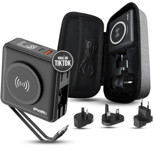 PWRMobile PWR Travel PRO 5-in-1 Power Bank with Case Included– 10,000mAh with Built-in Cables – 20W USB-C + 15W Wireless C...