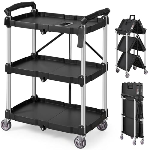 VEVOR Foldable Utility Service Cart, 165LBS 3 Shelf Heavy Duty Plastic Rolling Cart with 360° Swivel Wheels (2 with Brake...