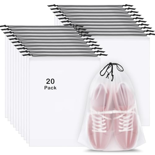 20 Pack Shoe Bags for Travel, 15.7" x 11.8" Clear Travel Shoe Bags for Packing, Large Waterproof Portable Drawstring Trave...