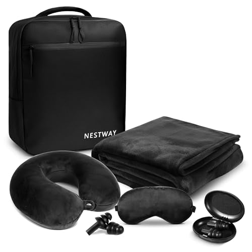 Nestway 5-in-1 Travel Pillow and Blanket Set – Memory Foam Neck Pillow, Airplane Travel Essentials with Plush Blanket, Eye...