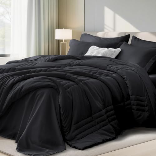 Velorose Queen Comforter Set Black - Bed in a Bag Queen Size 7 Pieces, Soft Bedding Set for All Seasons, Premium Queen Com...