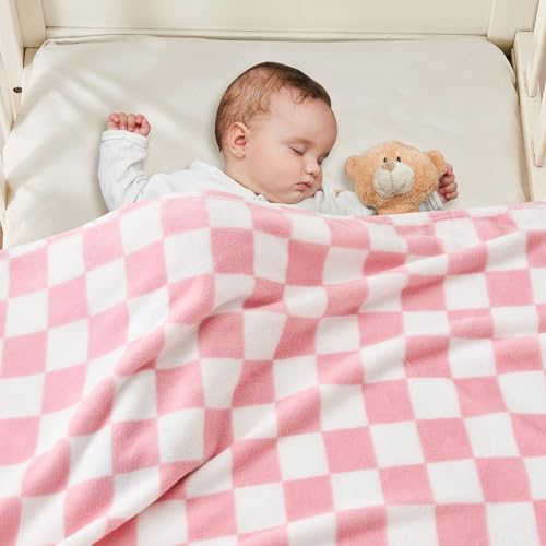 Yurhap Checkered Baby Blanket for Girls Pink Fleece Baby Blankets for Girls Boys, Warmer Comfort Lightweight Bed Blanket f...