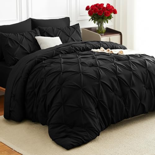 HIMEET Queen Comforter Set 7 Pieces Bed in A Bag Black Luxury Soft Queen Size Bed Set Pintuck Pinch Pleat Bedding Sets wit...