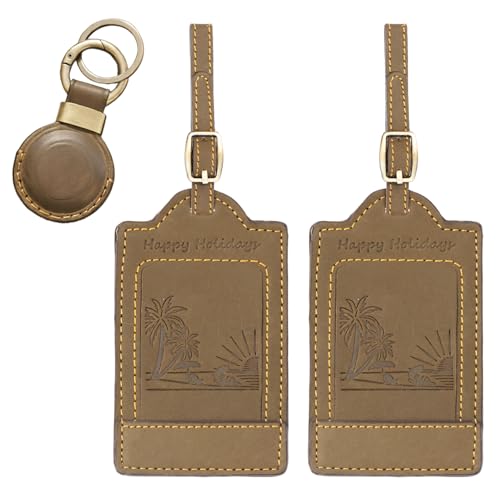Sovereign-Gear - Two Brown Beach Embossed Leather Luggage Tags with Leather AirTag Holder Combo - Genuine Leathers Luggage...