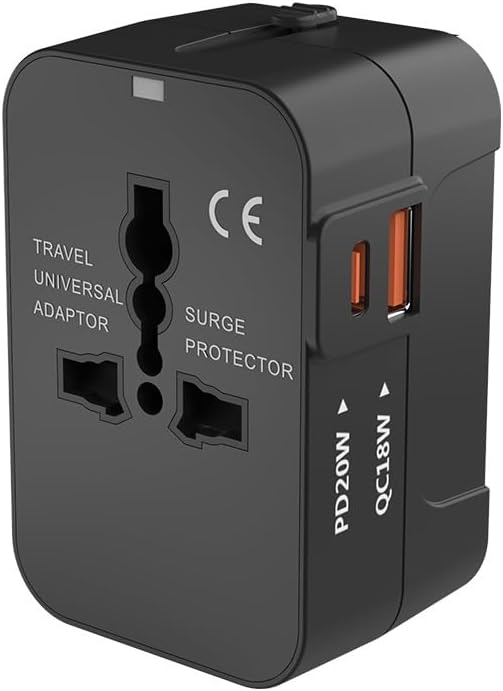 Universal Travel Adapter, PD20W International Power Adapter,1 Type-C & 1 USB-A Fast Charging Travel Charger, All in One Wo...