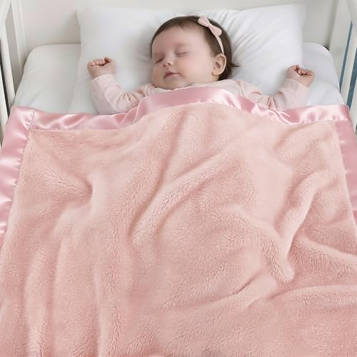 Pro Goleem Fleece Baby Blankets for Girls with 2 Inch Satin Trim, Super Soft Plush Receiving Blanket for Infant Toddler Ne...