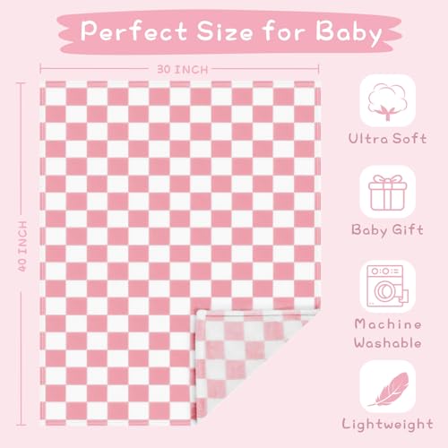 Yurhap Checkered Baby Blanket for Girls Pink Fleece Baby Blankets for Girls Boys, Warmer Comfort Lightweight Bed Blanket f...