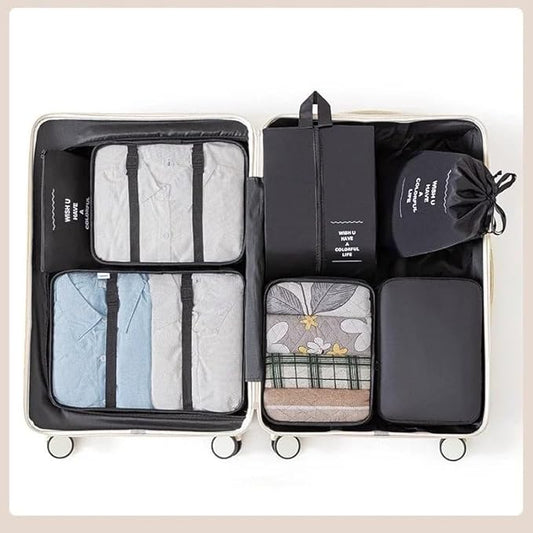 7PCS Set Foldable Travel Organizer Storage Bags Suitcase Packing Cubes Wardrobe Luggage Clothes Shoe Bag (Black)