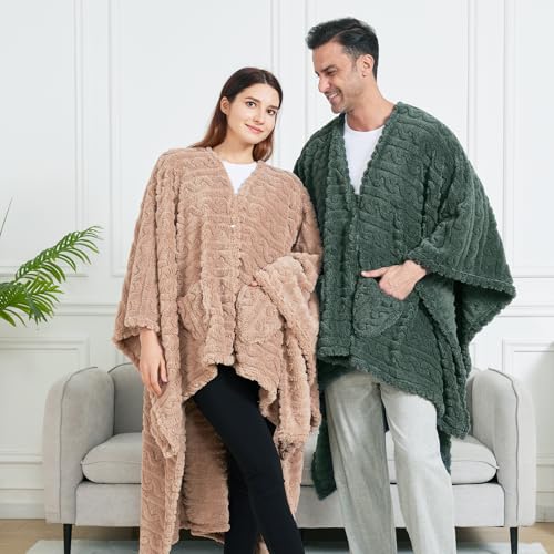 Wearable Blanket Sherpa Fleece Shawl Blanket with Pockets Blanket Poncho Cape for Adults, Cozy Shawl TV Throw Blankets