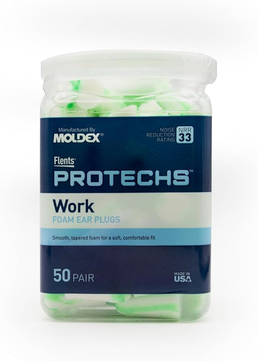 Flents Protechs Foam Ear Plugs for Work, Loud Noise, Heavy Machinery, Construction, Studying & Traveling, NRR 33, Green, M...