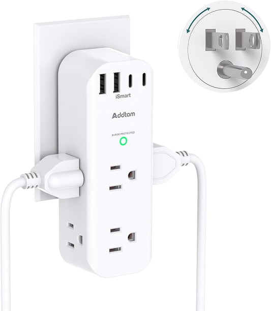 Surge Protector Wall Outlet Extender, Multi Plug Outlet with Rotating Plug, 6 AC Outlets 4 USB Ports (2 USB C), 1800J, 3-S...