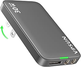 VPSUN Ultra Thin Flat USB C Wall Charger Block, 30W, 3 Port, GaN, PD 3.0, Foldable, Gray, for iPhone 15/16, Samsung, iPad