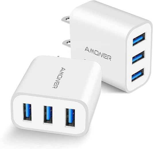 USB Wall Charger, Amoner 2Pack 15W 3-Port USB Charger Block iPhone Cube Charging Blocks for iPhone 14/13/12/11/X/XR/X/8/7/...