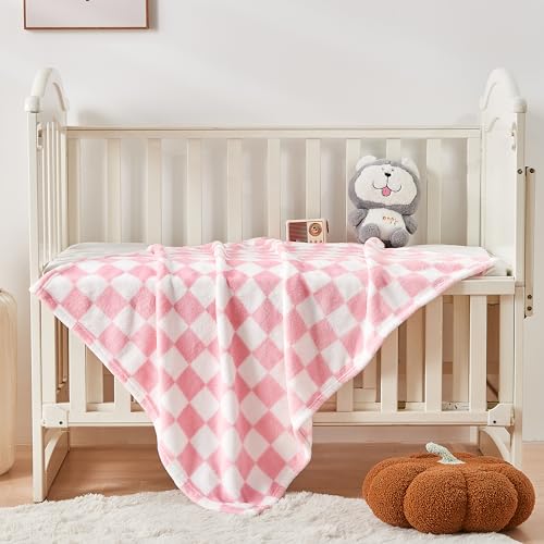Yurhap Checkered Baby Blanket for Girls Pink Fleece Baby Blankets for Girls Boys, Warmer Comfort Lightweight Bed Blanket f...