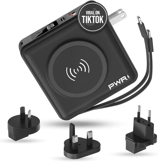 PWRMobile PWR Travel PRO 5-in-1 Power Bank – 10,000mAh with Built-in Cables – 20W USB-C + 15W Wireless Charging – Compact ...