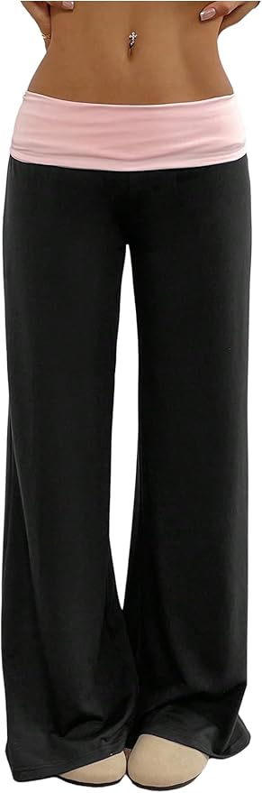SOLY HUX Women's Sweatpants Color Block Low Rise Fold Over Waist Baggy Wide Leg Pants