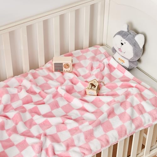 Yurhap Checkered Baby Blanket for Girls Pink Fleece Baby Blankets for Girls Boys, Warmer Comfort Lightweight Bed Blanket f...