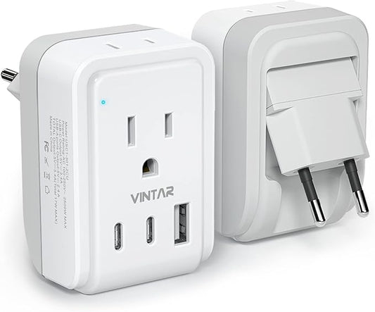 1 Pack European Travel Plug Adapter, VINTAR Foldable International Power Plug with 2 AC Outlets 3 USB Ports(2 USB C), Type...