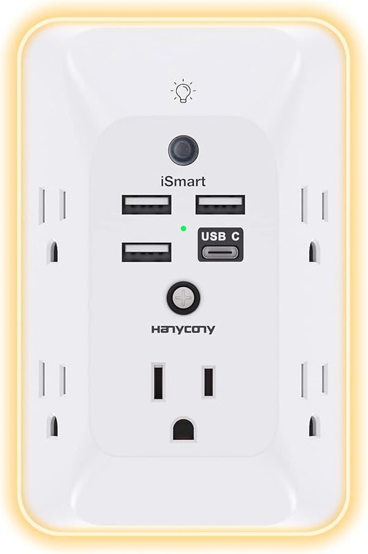 Outlet Extender with Night Light, HANYCONY Multi Plug Outlet, USB Wall Charger Surge Protector 4 USB Ports(1 USB C), Power...
