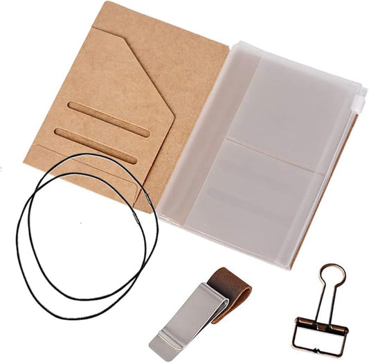 Passport Size Travelers Notebook Accessories Kit - Kraft File Folder, Zipper Case, Pen Holder, Binder Clip and 2 Elastic B...
