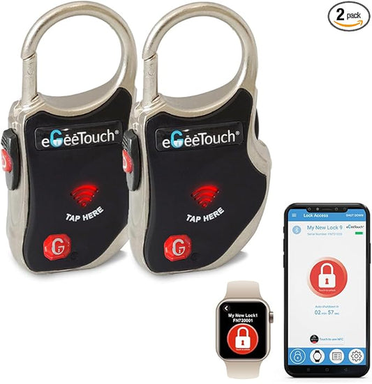eGeeTouch Smart Luggage Lock with Patented Dual Access Tech, NFC + Bluetooth, Vicinity Tracking (Black 2 Pack)