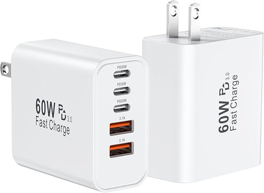 USB C Fast Charger Block, 60W USBC Wall Charger Plug, 2Pack 5-Port Type C Phone Charging Cubes Power Adapter Multiport Bri...