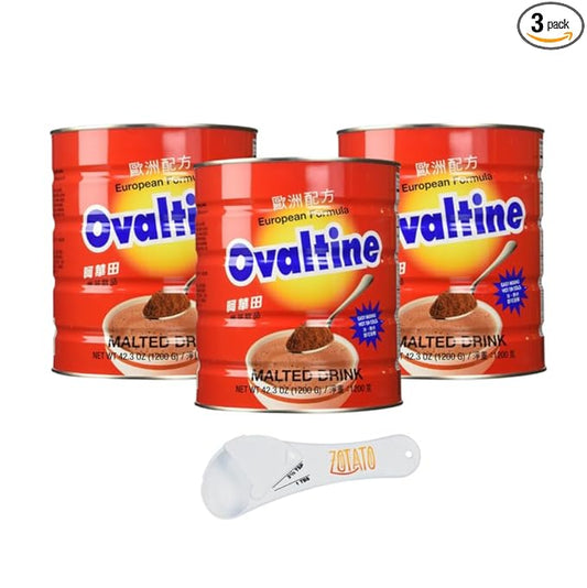 (3 Packs) Classic Ovaltine Malt Beverage – Large 1.2kg Tin of Nutritious Chocolate Drink Bundle with 5-In-1 Made in USA Me...