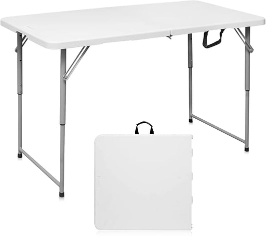 Byliable Folding Table 4 Foot Portable Heavy Duty Plastic Fold-in-Half Utility Table Small Indoor Outdoor Adjustable Heigh...