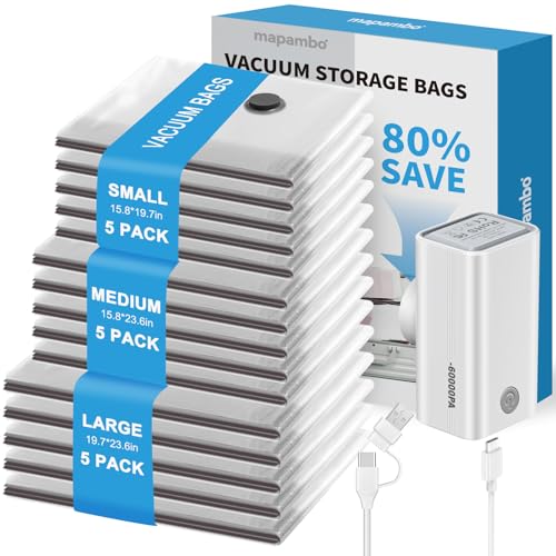 Mapambo Vacuum Storage Bags with -60000Pa USB Pump, 15 Pack Vacuum Seal Bags for Clothing Travel in 3 Sizes, Travel Vacuum...