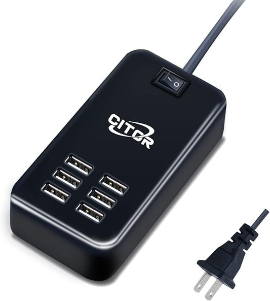 Multiport USB Charger, 6 Port USB Charging Station for Multiple Devices, Phone, Tablet, Power Strip with ON/Off Switch (Bl...