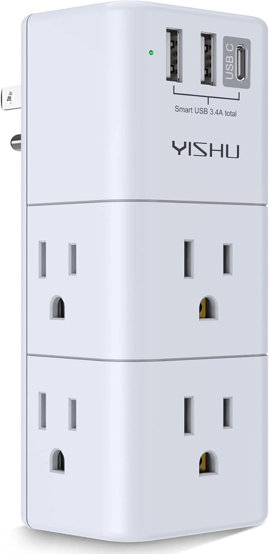 USB Multi Plug Outlet Extender - YISHU Surge Protector with Rotating Plug, 6 AC Plug Extender with 3 USB Ports, 3-Sided Sw...